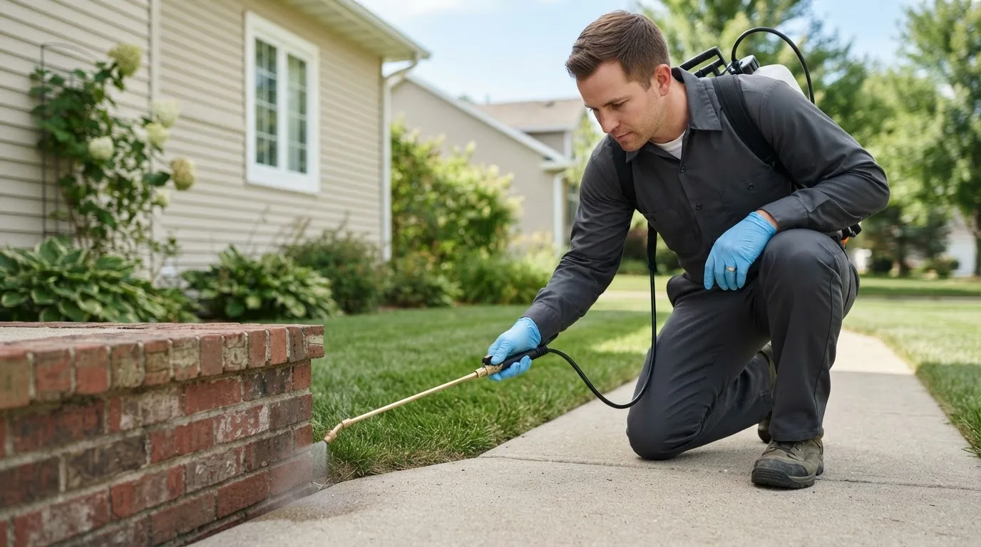 Pest control technician treating a home near Mapleville, RI