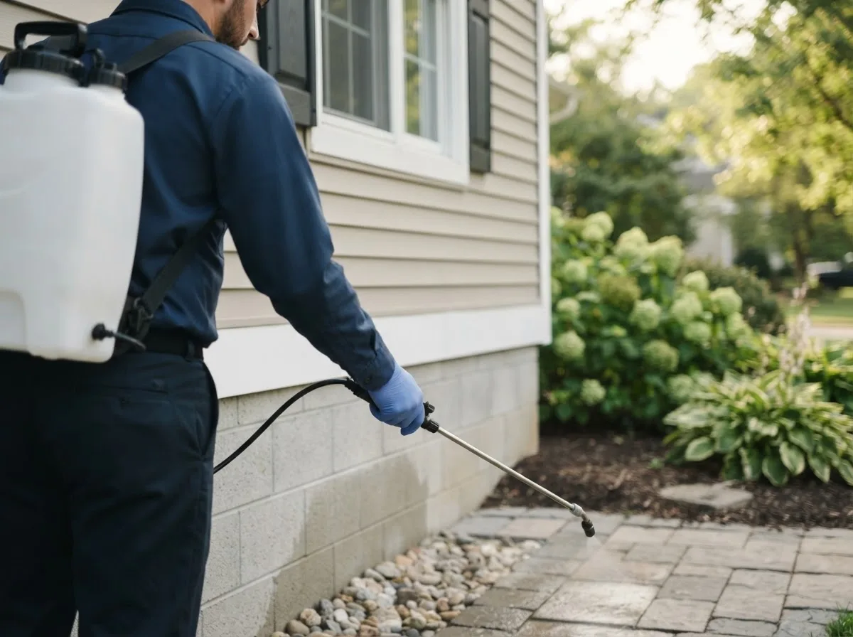 Pest control technician inspecting a home in Mapleville, RI